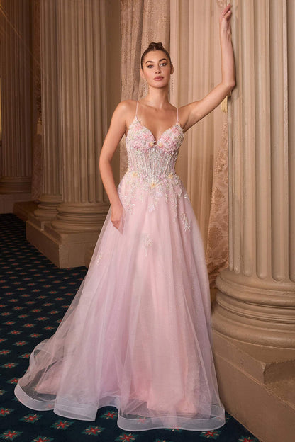Andrea &amp; Leo A1477 Deep V-Neck Floral Print Applique A-Line Ball Gown
