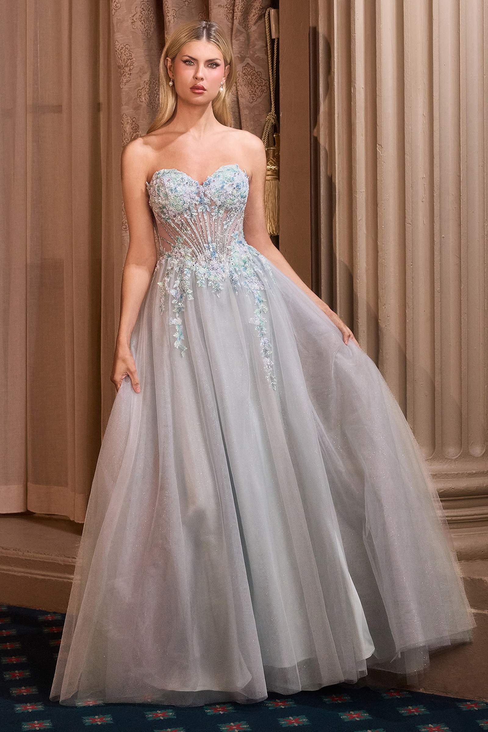 Andrea &amp; Leo A1478 Strapless Sweetheart Boned Bodice Floral Applique Ball Gown