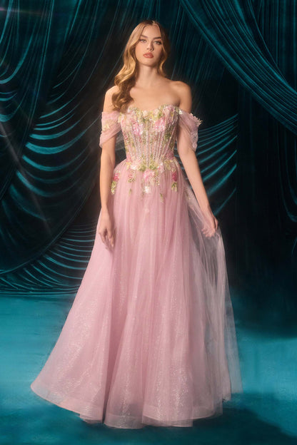 Andrea &amp; Leo A1479 Long A-Line Off Shoulder 3D Floral Applique Gown