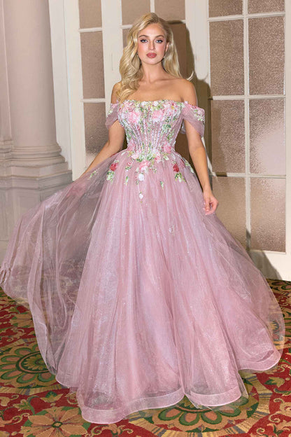 Andrea &amp; Leo A1479 Long A-Line Off Shoulder 3D Floral Applique Gown