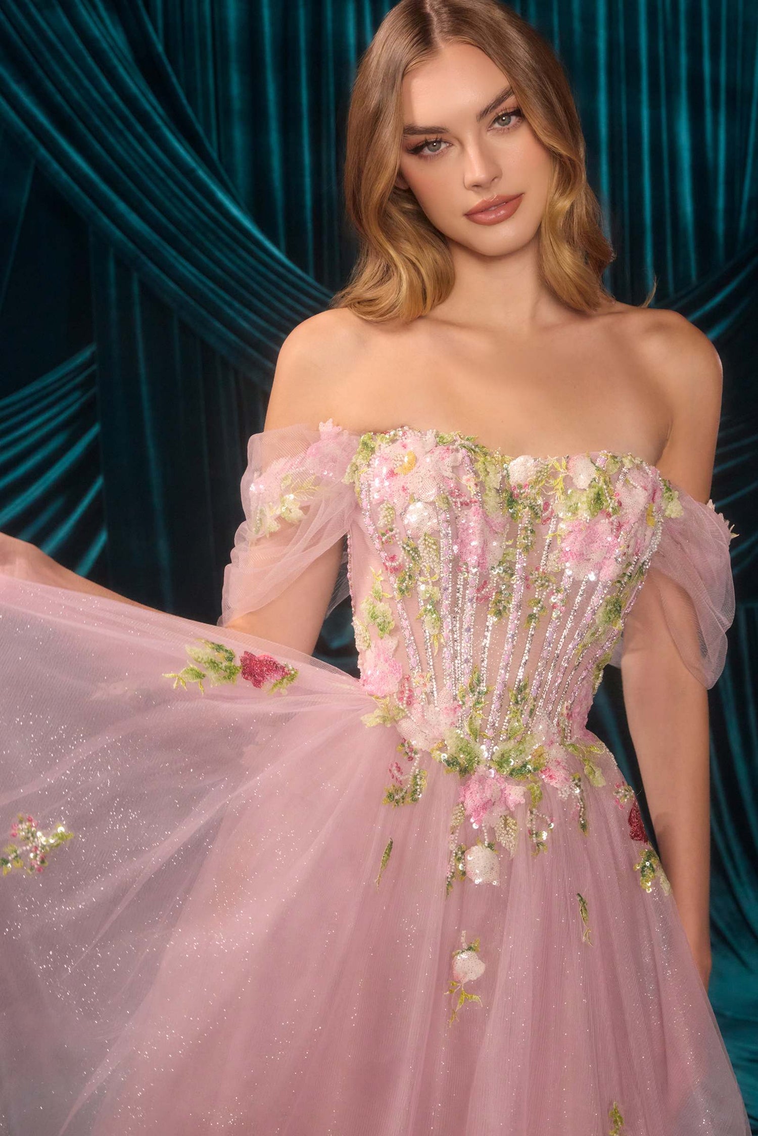 Andrea &amp; Leo A1479 Long A-Line Off Shoulder 3D Floral Applique Gown