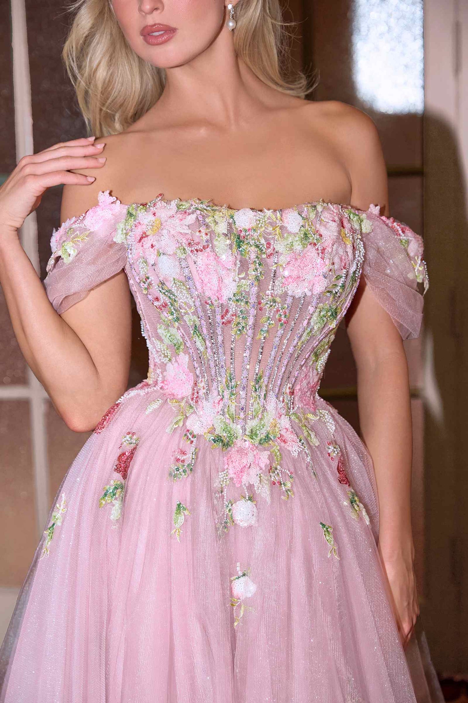 Andrea &amp; Leo A1479 Long A-Line Off Shoulder 3D Floral Applique Gown