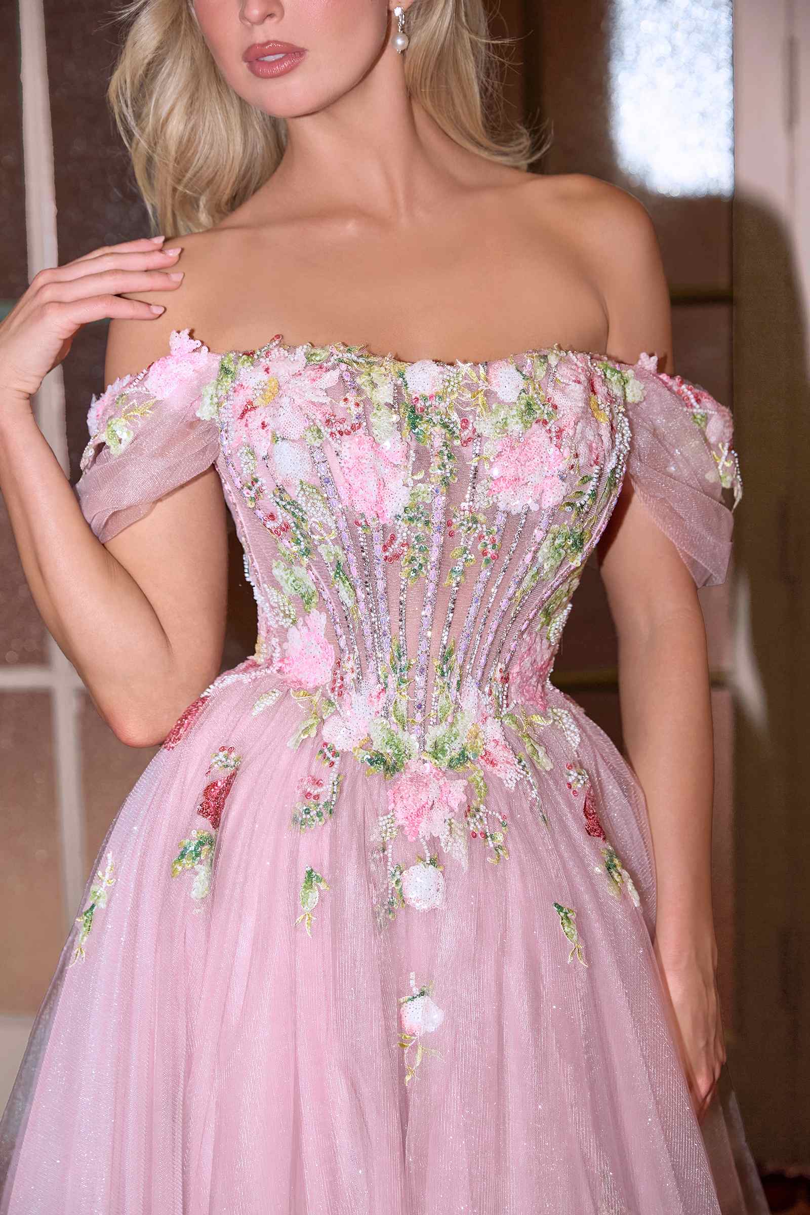Andrea &amp; Leo A1479 Long A-Line Off Shoulder 3D Floral Applique Gown