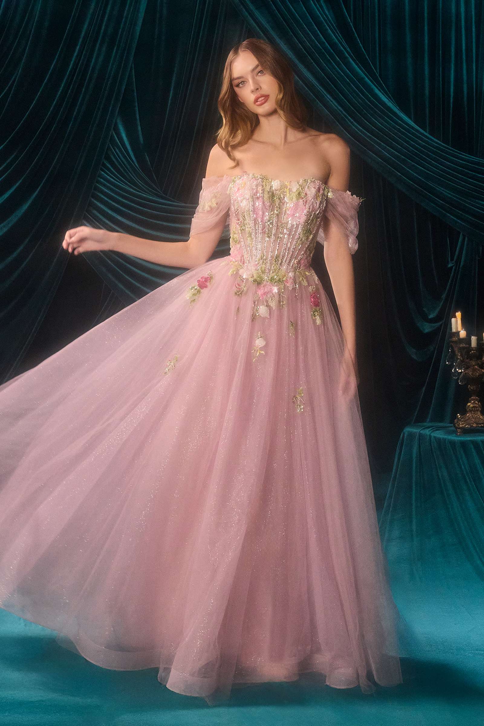 Andrea &amp; Leo A1479 Long A-Line Off Shoulder 3D Floral Applique Gown