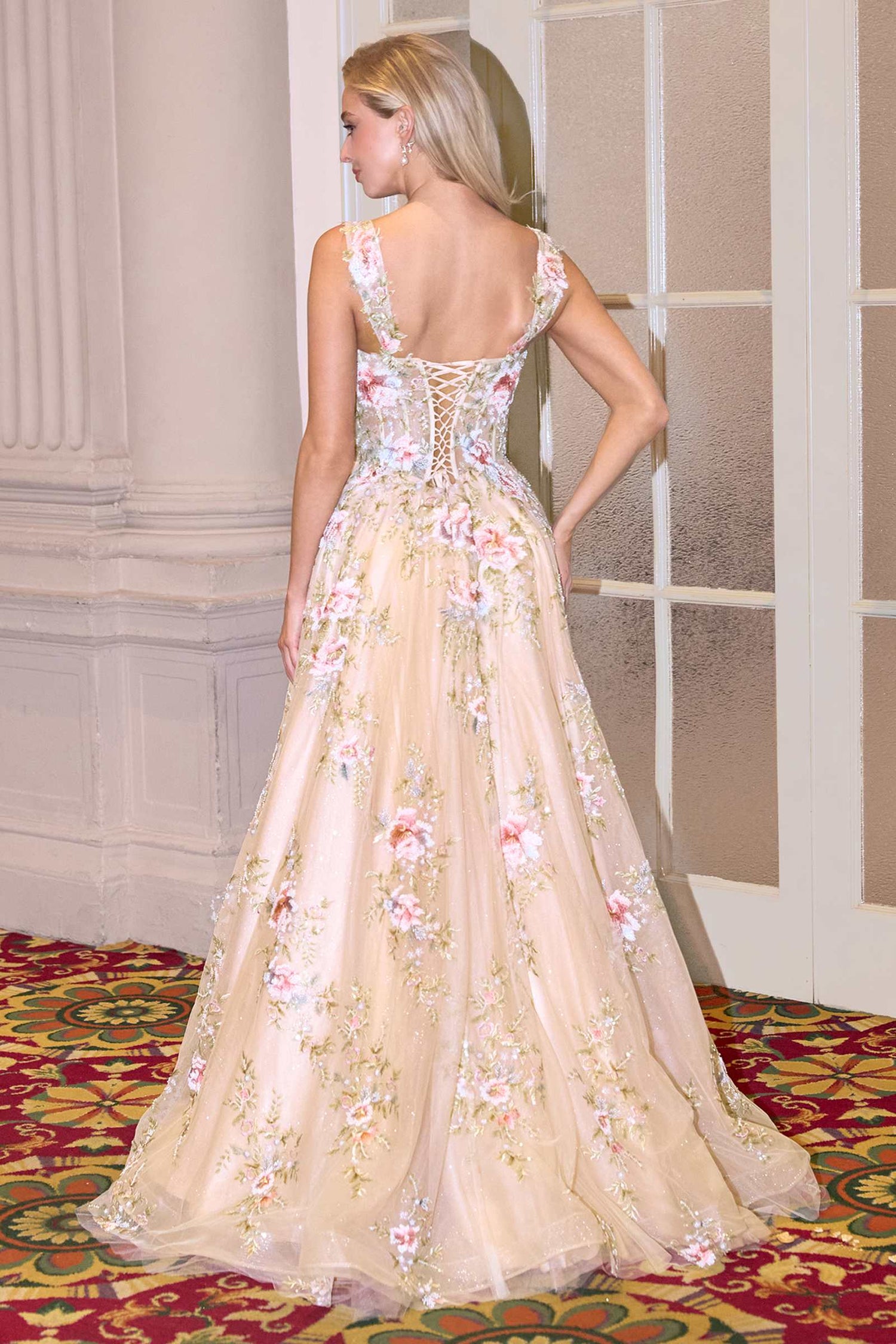 Andrea &amp; Leo A1480 Long A-Line Floral Embroidered Straps Tulle Gown