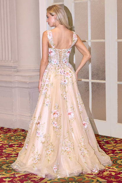 Andrea &amp; Leo A1480 Long A-Line Floral Embroidered Straps Tulle Gown