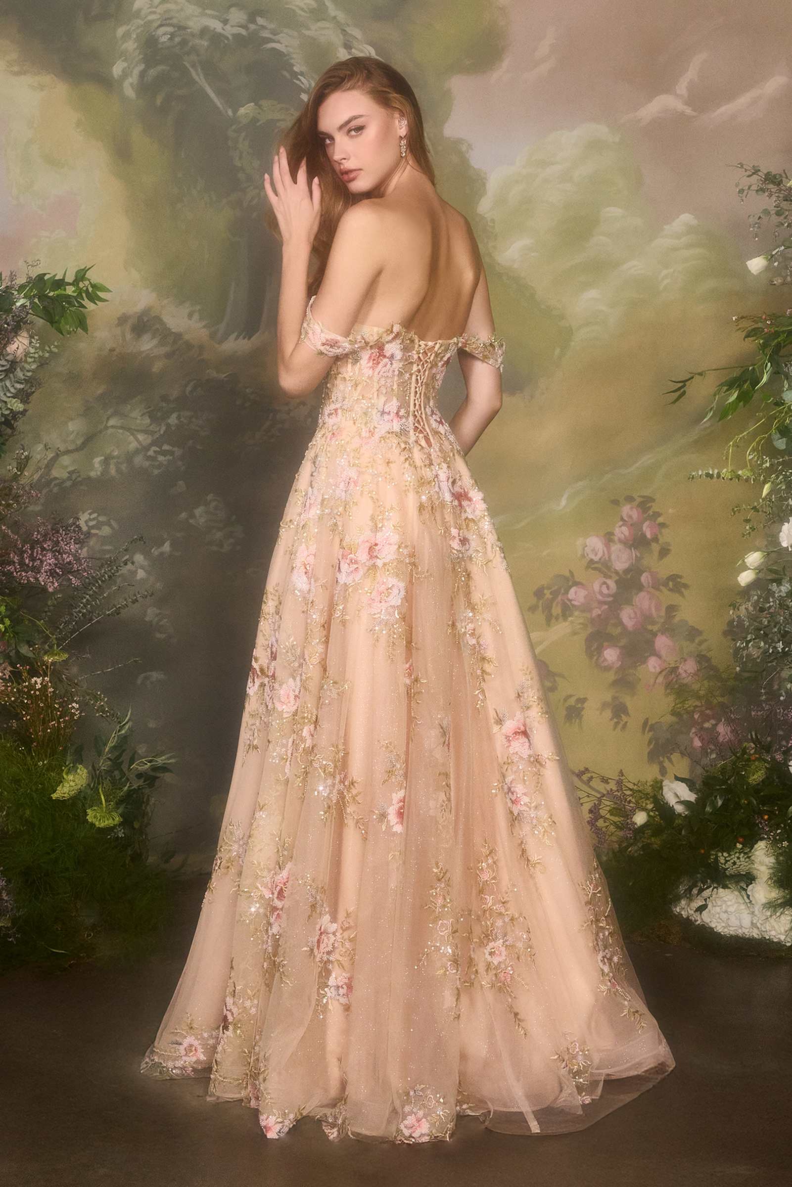 Andrea &amp; Leo A1480 Long A-Line Floral Embroidered Straps Tulle Gown
