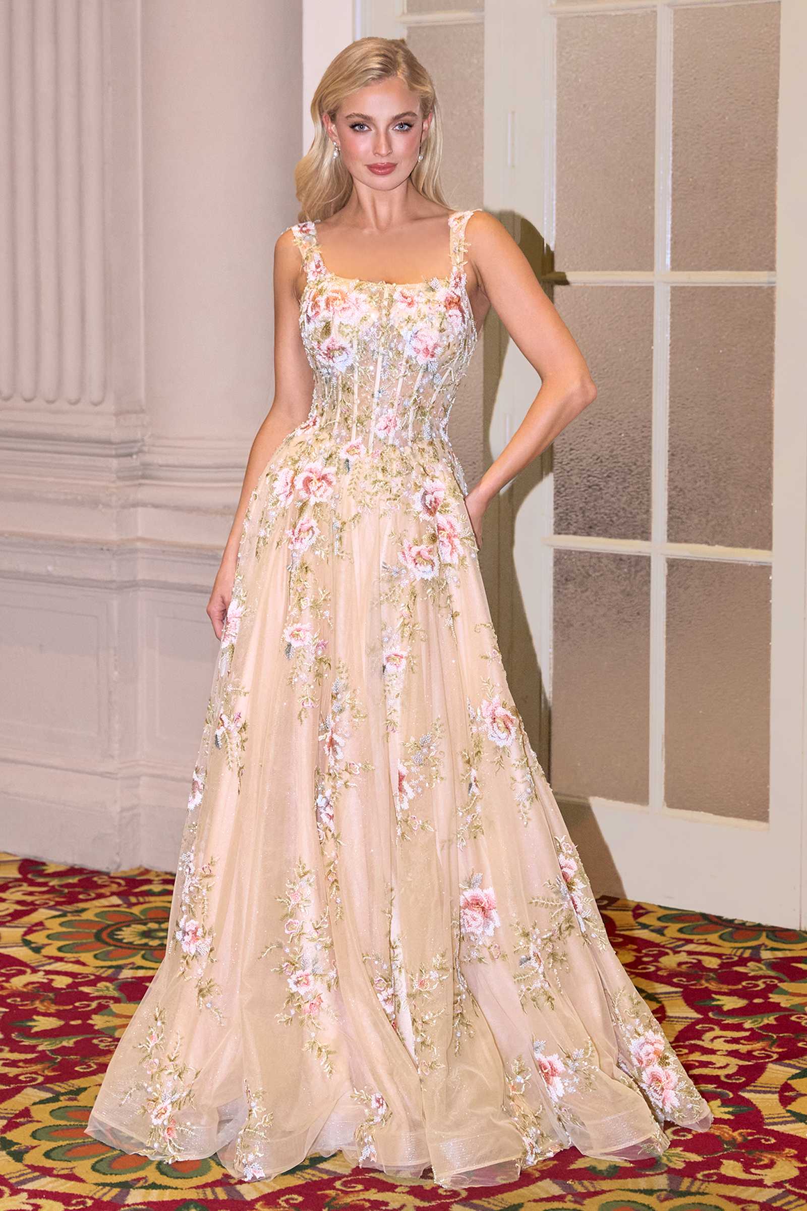 Andrea &amp; Leo A1480 Long A-Line Floral Embroidered Straps Tulle Gown