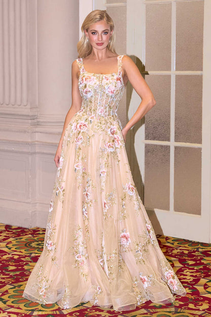 Andrea &amp; Leo A1480 Long A-Line Floral Embroidered Straps Tulle Gown