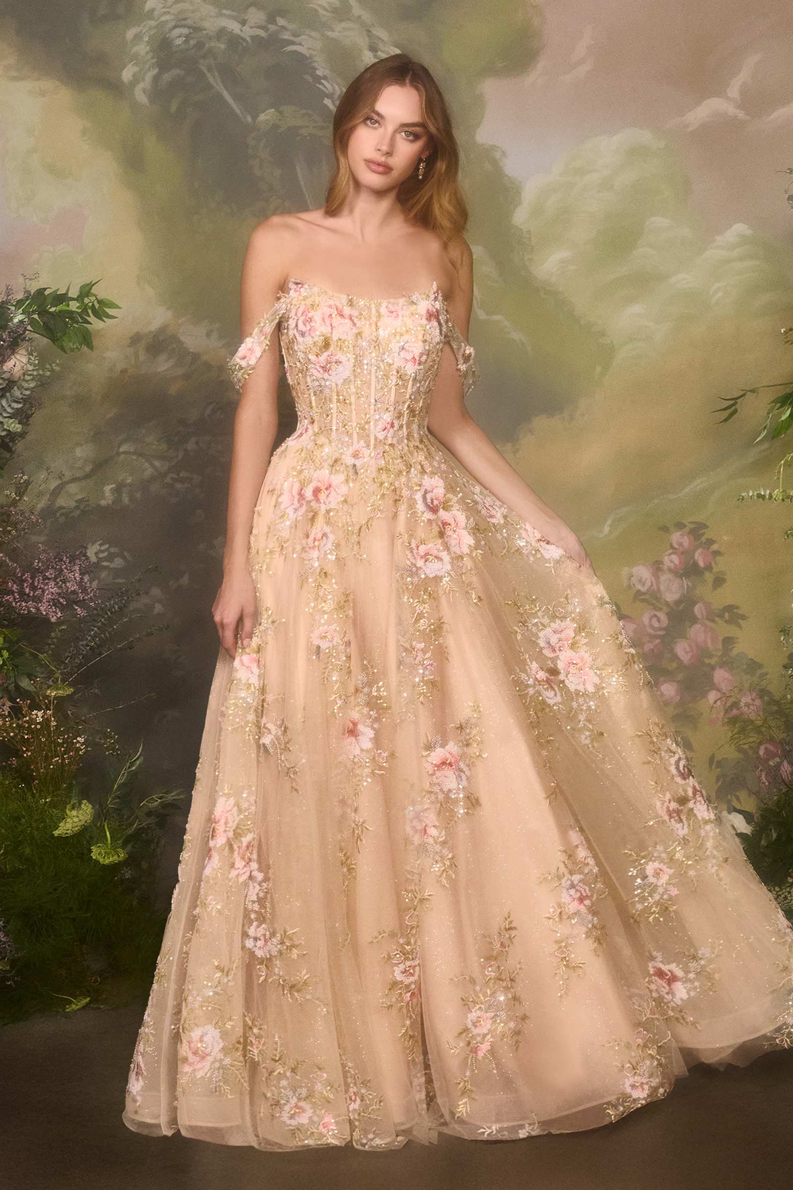 Andrea &amp; Leo A1480 Long A-Line Floral Embroidered Straps Tulle Gown