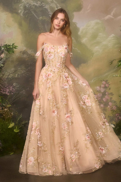 Andrea &amp; Leo A1480 Long A-Line Floral Embroidered Straps Tulle Gown