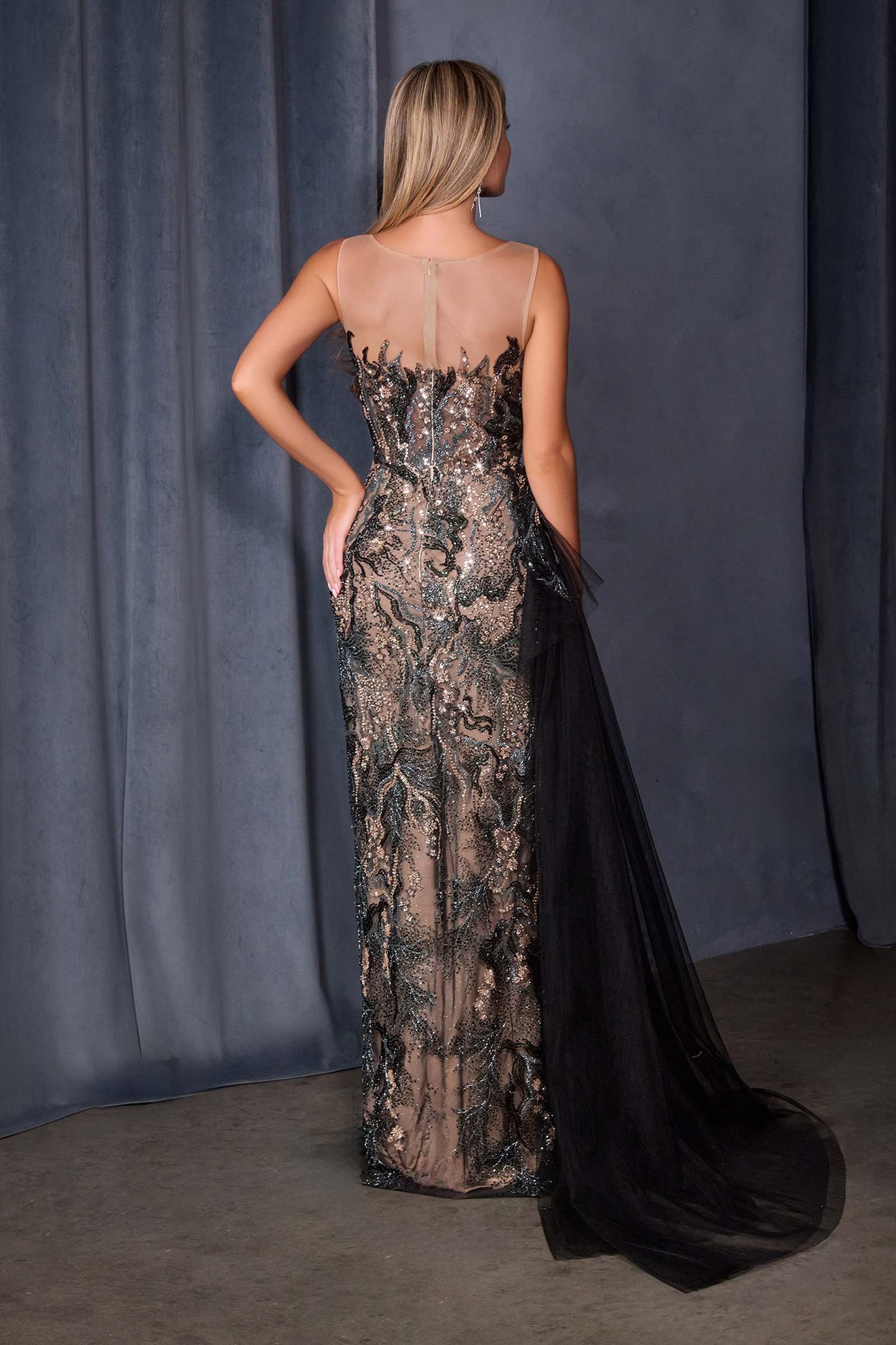 Andrea &amp; Leo A1489 Fitted Formal Gown Sequin Embroidery Over Nude Mesh