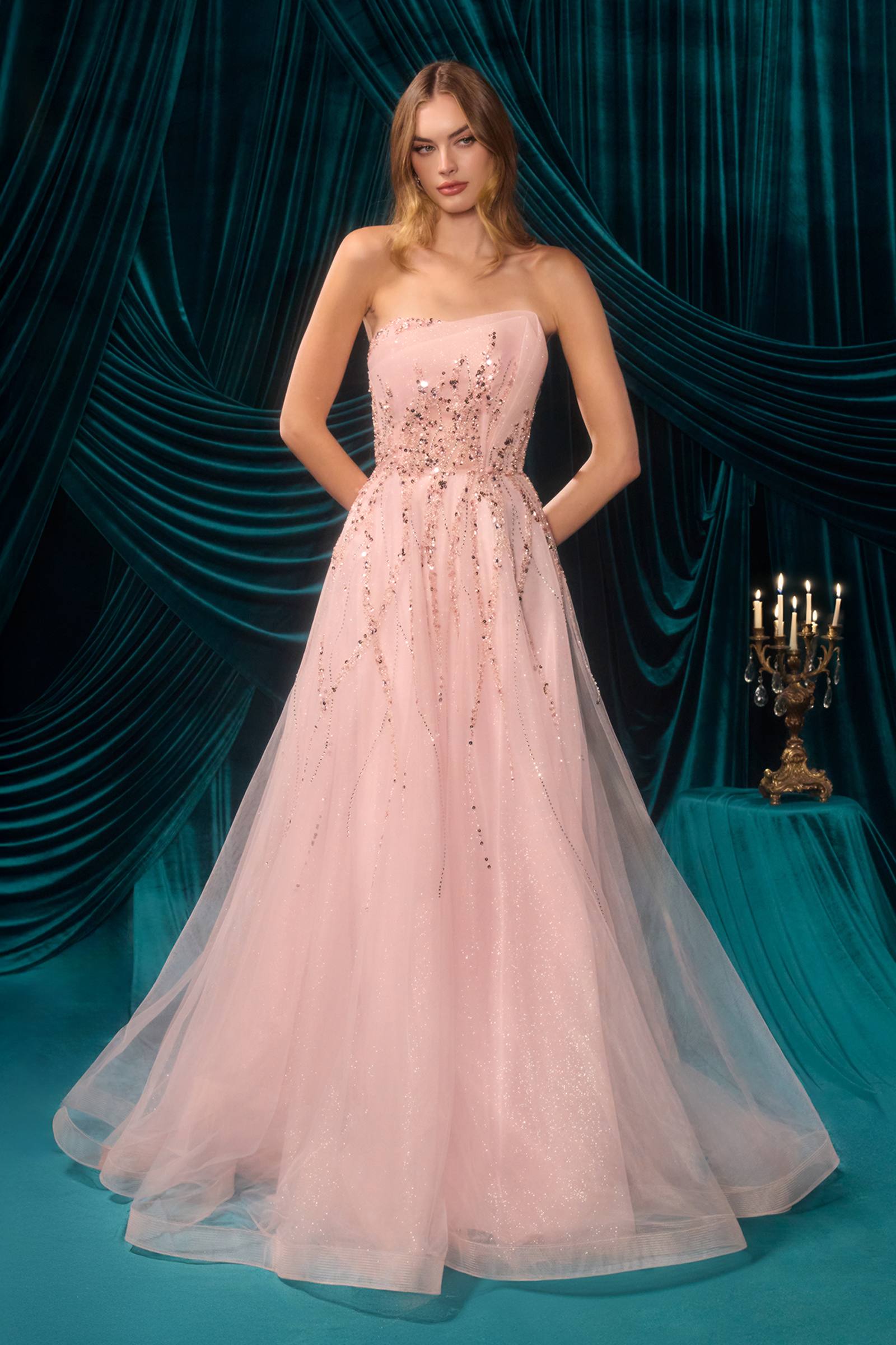 Andrea &amp; Leo A1491 Boned Asymmetrical Sequin Bodice A-Line Formal Dress