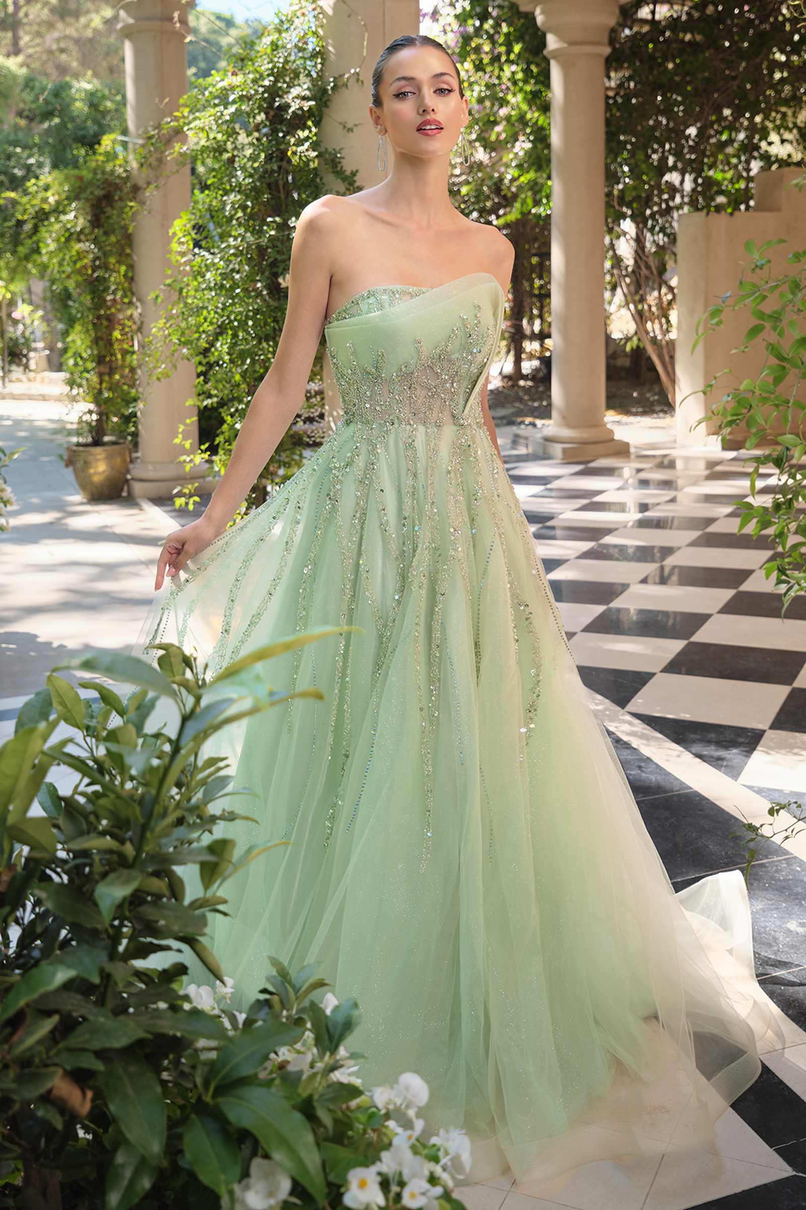 Andrea &amp; Leo A1491 Boned Asymmetrical Sequin Bodice A-Line Formal Dress