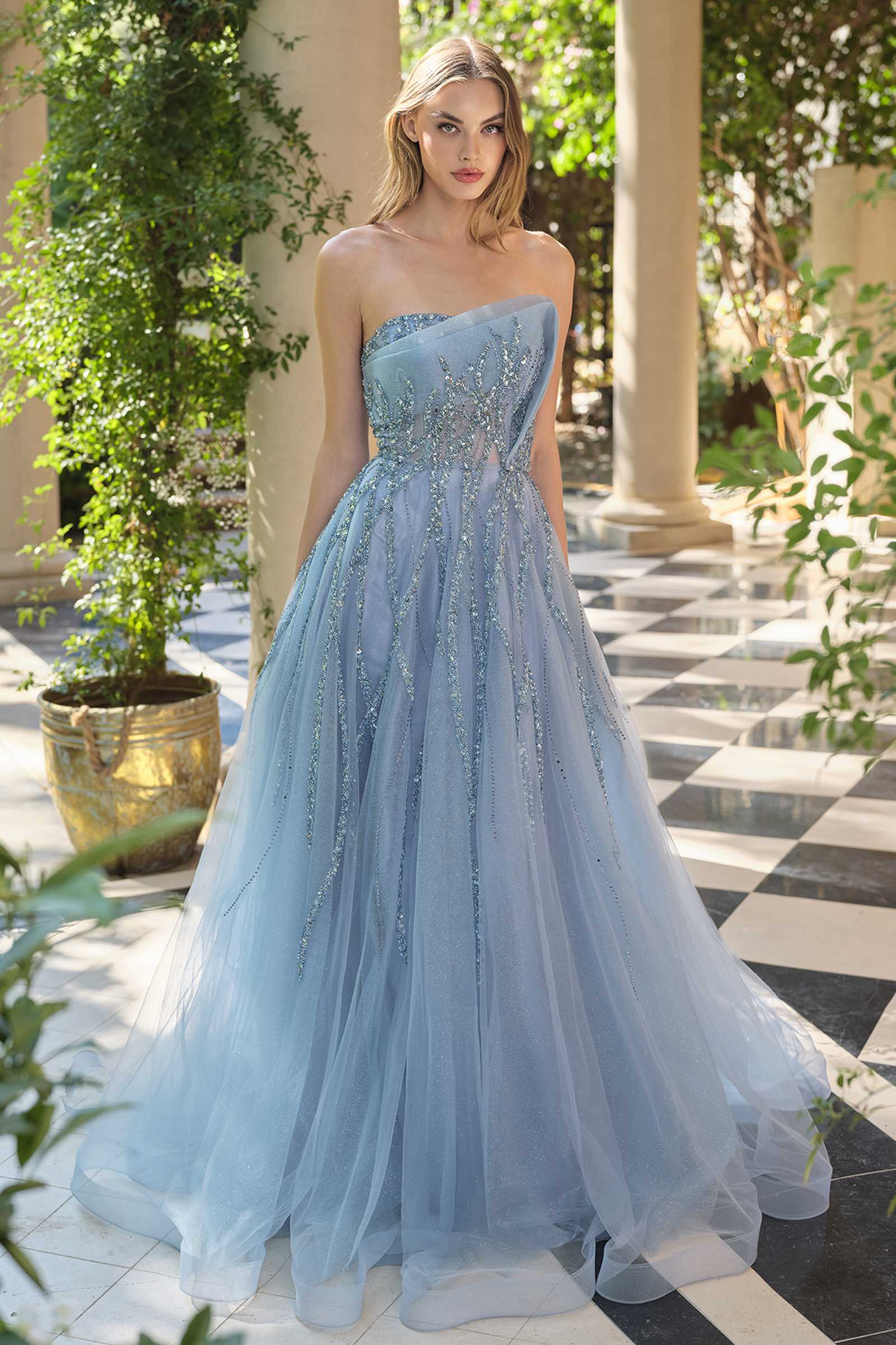 Andrea &amp; Leo A1491 Boned Asymmetrical Sequin Bodice A-Line Formal Dress