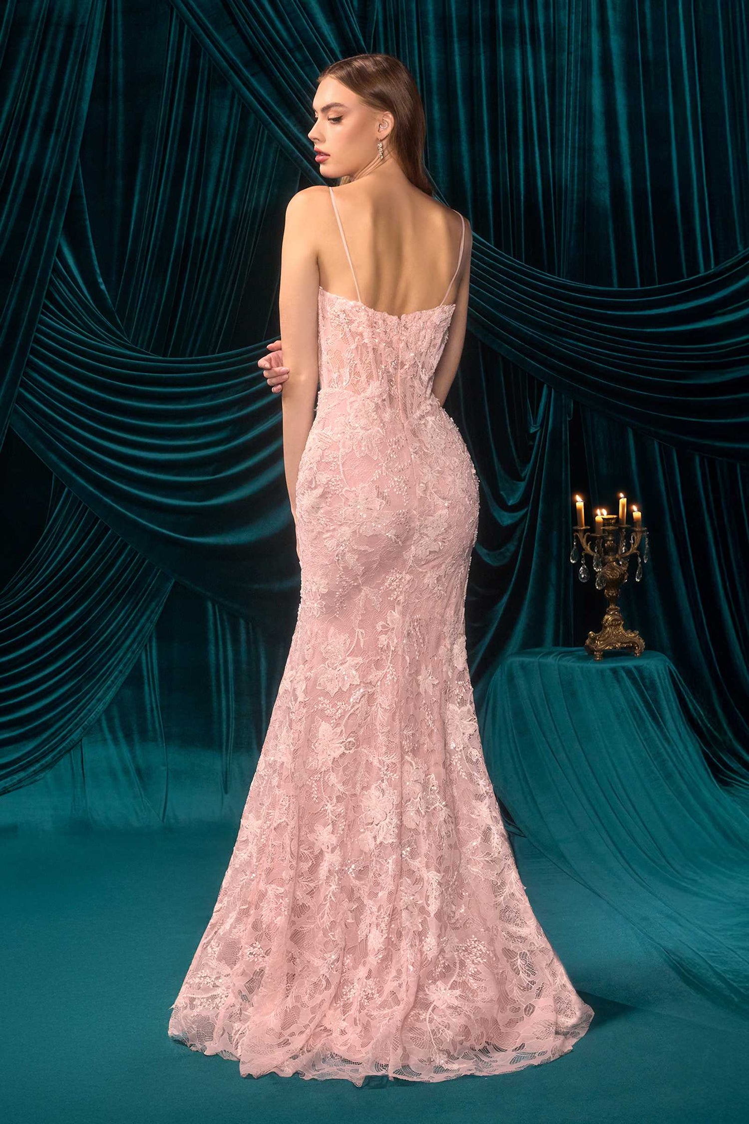 Andrea &amp; Leo A1499 Ethereal Floral Lace Thigh High Slit Fitted Lace Gown