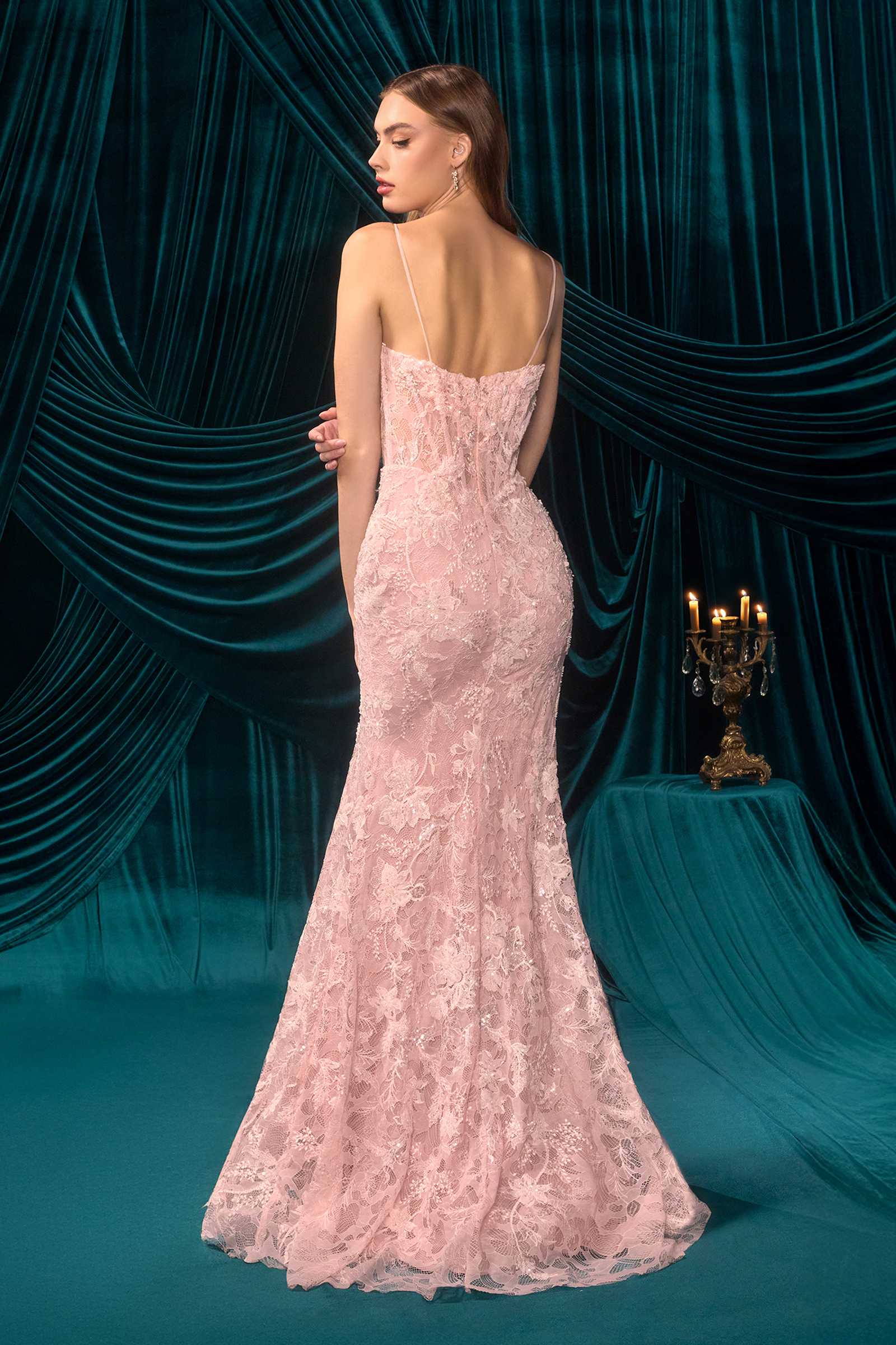 Andrea &amp; Leo A1499 Ethereal Floral Lace Thigh High Slit Fitted Lace Gown