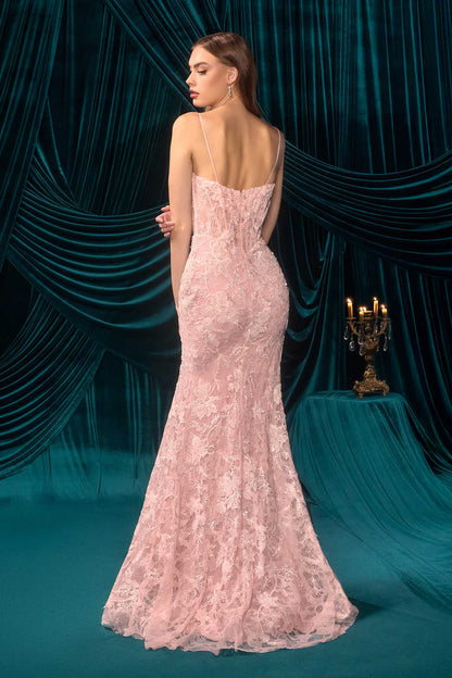 Andrea &amp; Leo A1499 Ethereal Floral Lace Thigh High Slit Fitted Lace Gown