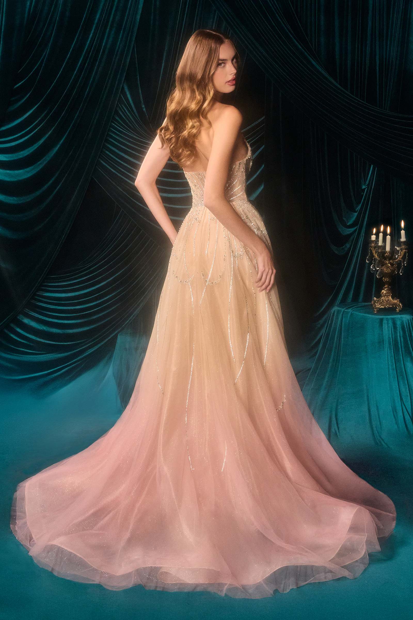Andrea &amp; Leo A1508 Fitted Layered Overskirt Ombre Pattern Formal Gown