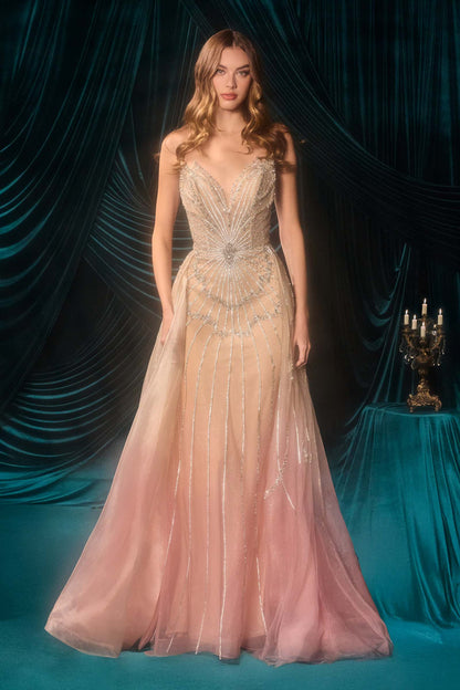 Andrea &amp; Leo A1508 Fitted Layered Overskirt Ombre Pattern Formal Gown
