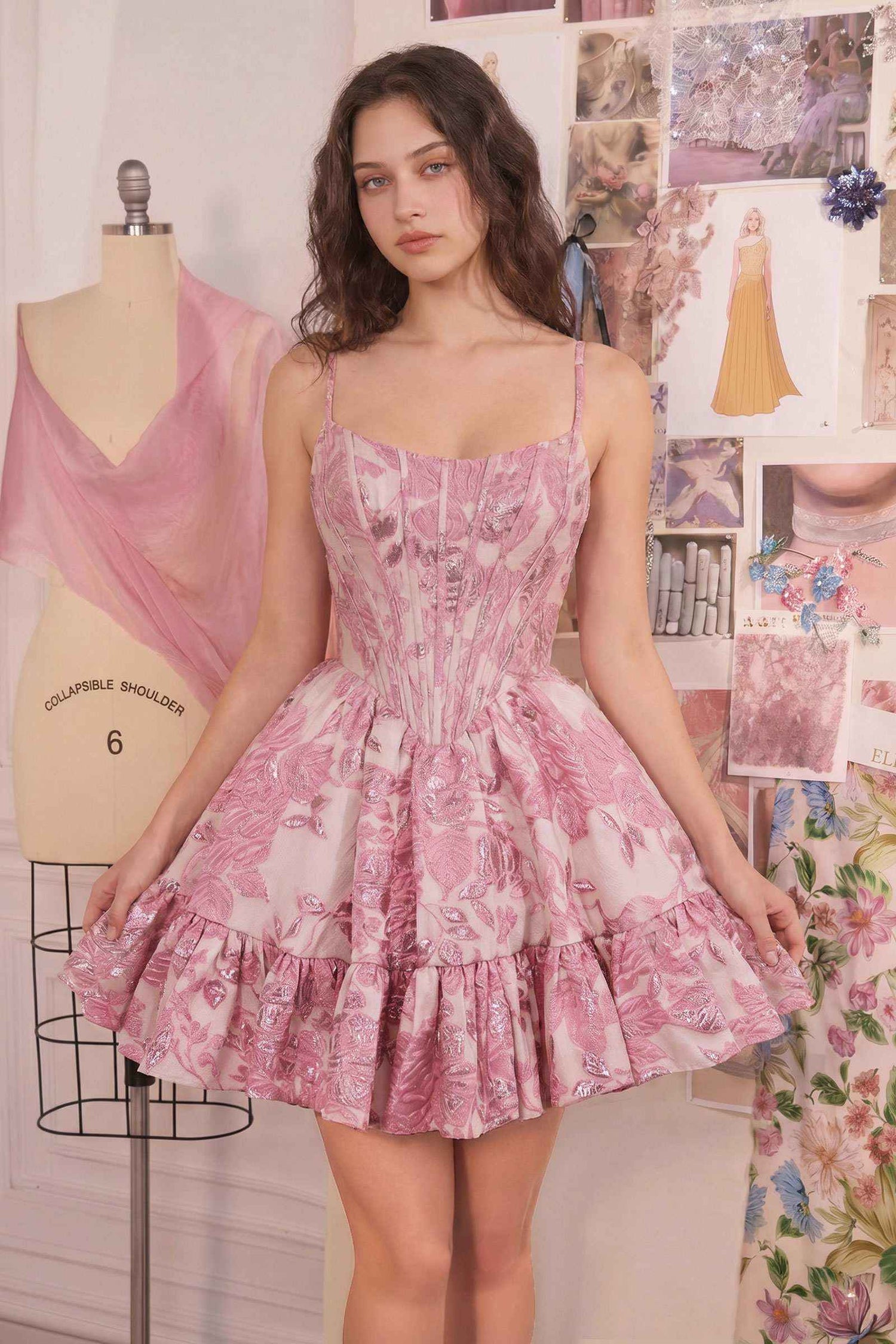 Andrea &amp; Leo A1522 Fit and Flare Mini Floral Shimmer Dress