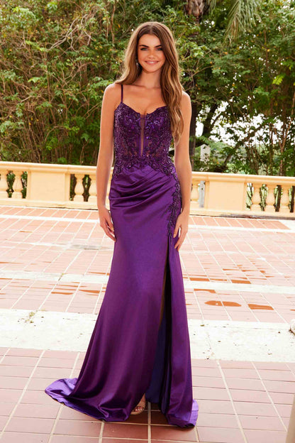 Nox Anabel A1585 Sleeveless Floral Applique Satin Dress with Slit by DiscountDressShop