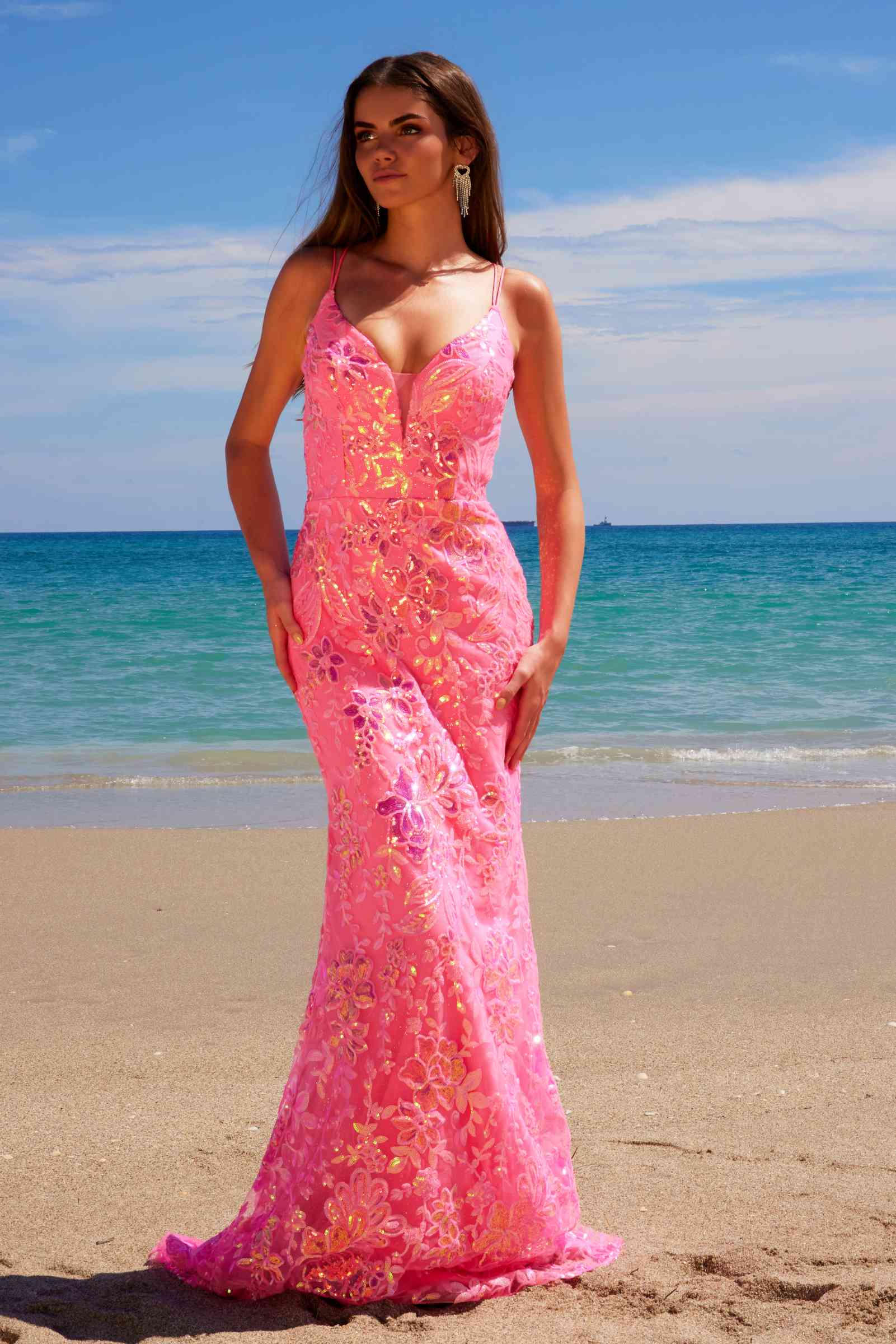 Nox Anabel A1587 Deep V-Neck Floral Sequined Tulle Dress by DiscountDressShop