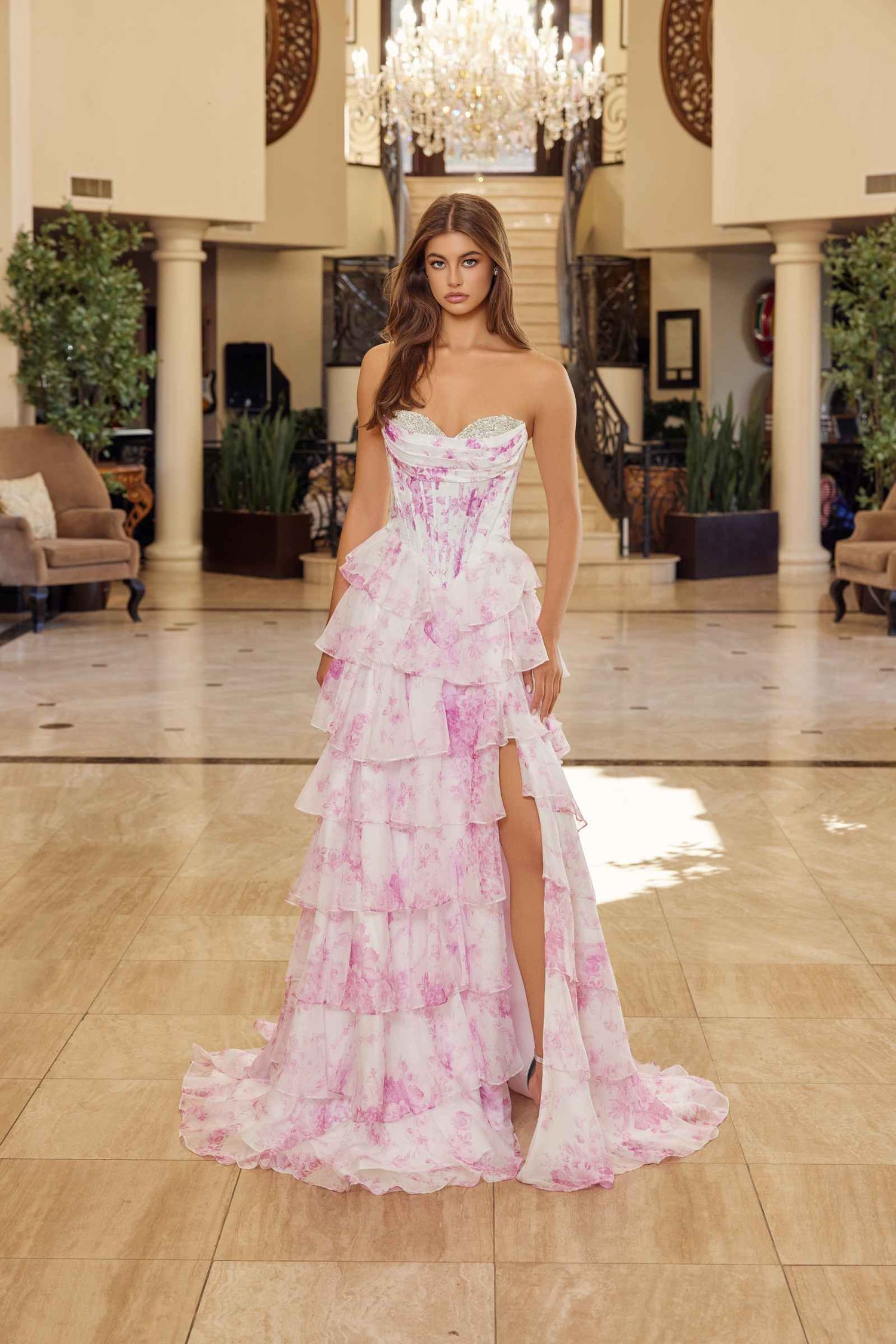 Nox Anabel A1752 Flowy Strapless A-Line Ruffled Layered Chiffon Prom Gown by DiscountDressShop