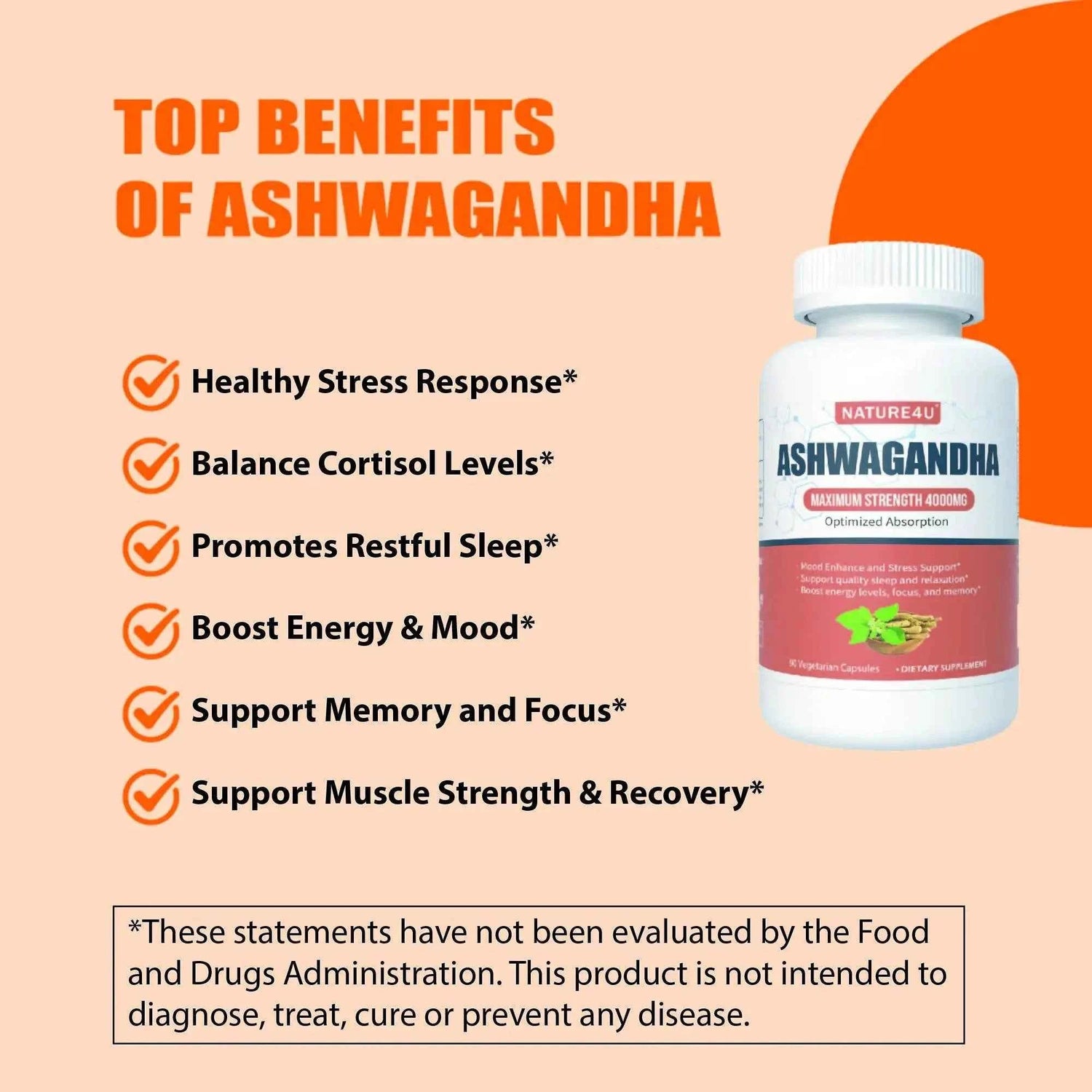 Nature4U Ashwagandha 4000mg Extra Strength, Natural Adaptogen Mood &amp; Stress Support, Sleep &amp; Energy Support, 90 Vegan Capsules