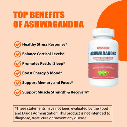 Nature4U Ashwagandha 4000mg Extra Strength, Natural Adaptogen Mood &amp; Stress Support, Sleep &amp; Energy Support, 90 Vegan Capsules