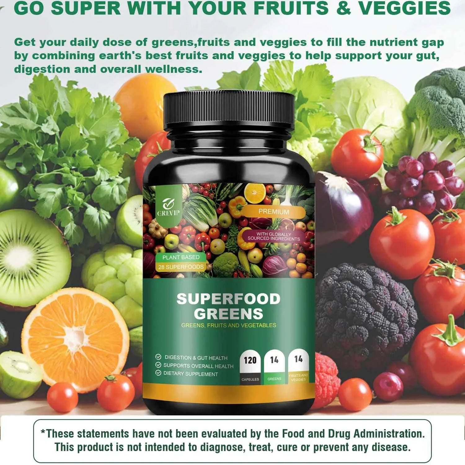 Organic Superfood Greens Supplement - Digestive Support, Energy Boost, Antioxidant - 120 Capsules