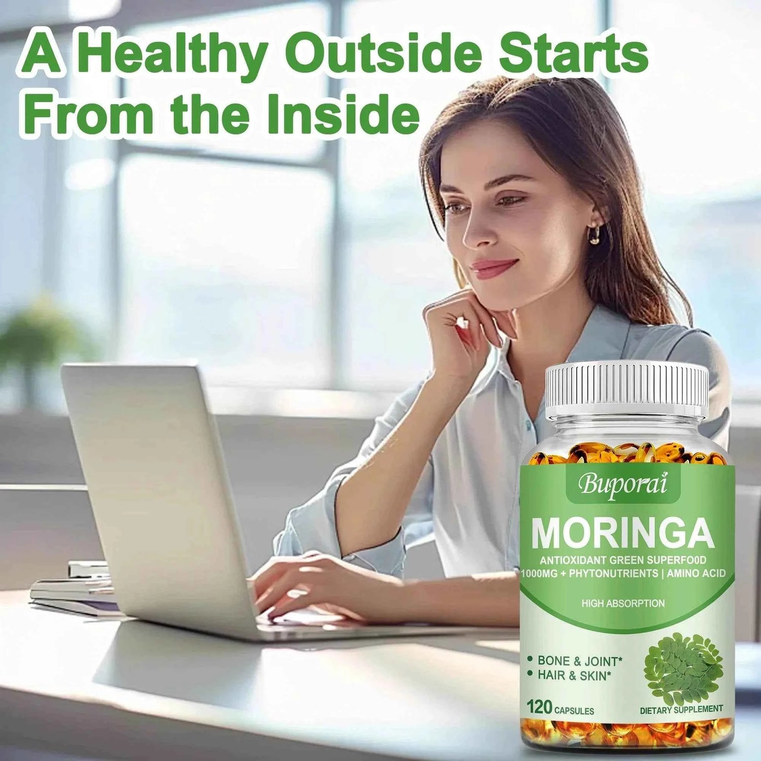 Moringa - Immune System, Energy &amp; Metabolism Natural Anti-inflammatory Helps Detox, Fat Burn - 120 Capsules