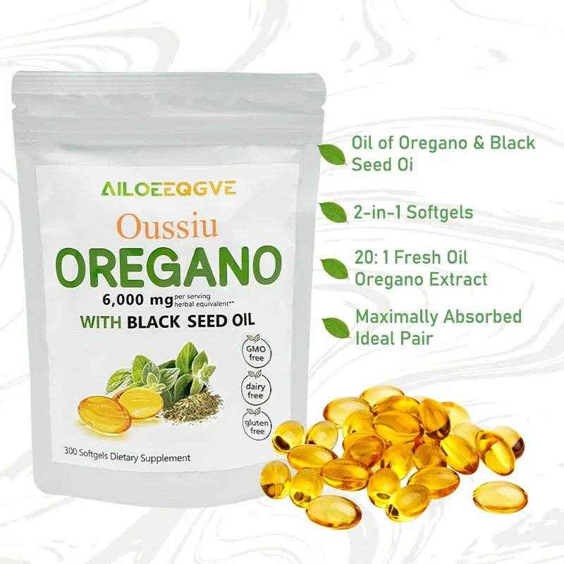 Oussiu Oil of Oregano Softgels 6000mg Per Serving, 300 Count  2 in 1 Formulated with Black Seed Oil 200mg Easy to Swallow