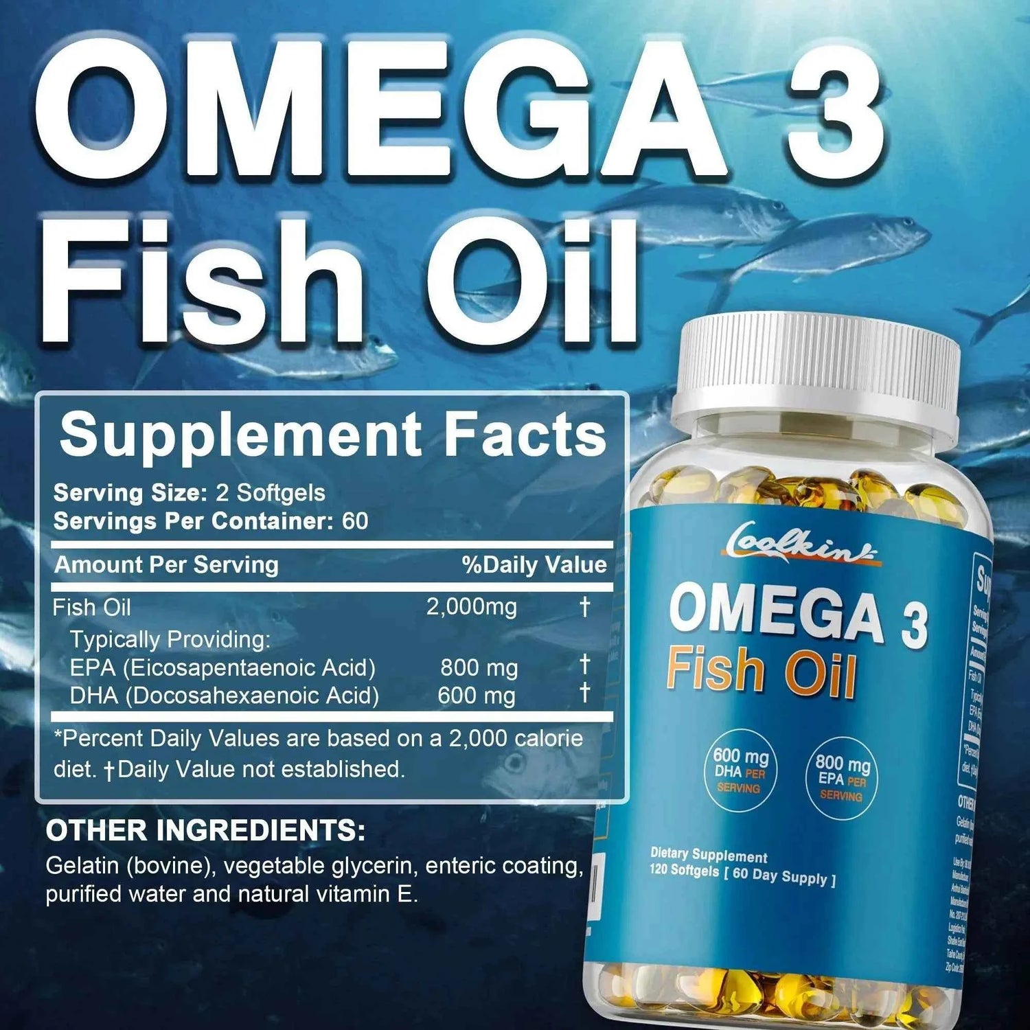Omega 3 Fish Oil - with DHA &amp; EPA - Supports Brain, Nervous System, Cardiovascular, Skin Health, Antioxidant - 120 Capsules