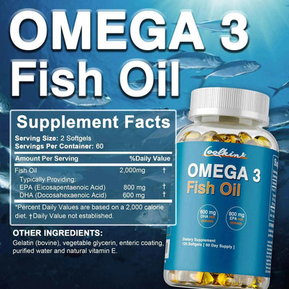 Omega 3 Fish Oil - with DHA &amp; EPA - Supports Brain, Nervous System, Cardiovascular, Skin Health, Antioxidant - 120 Capsules