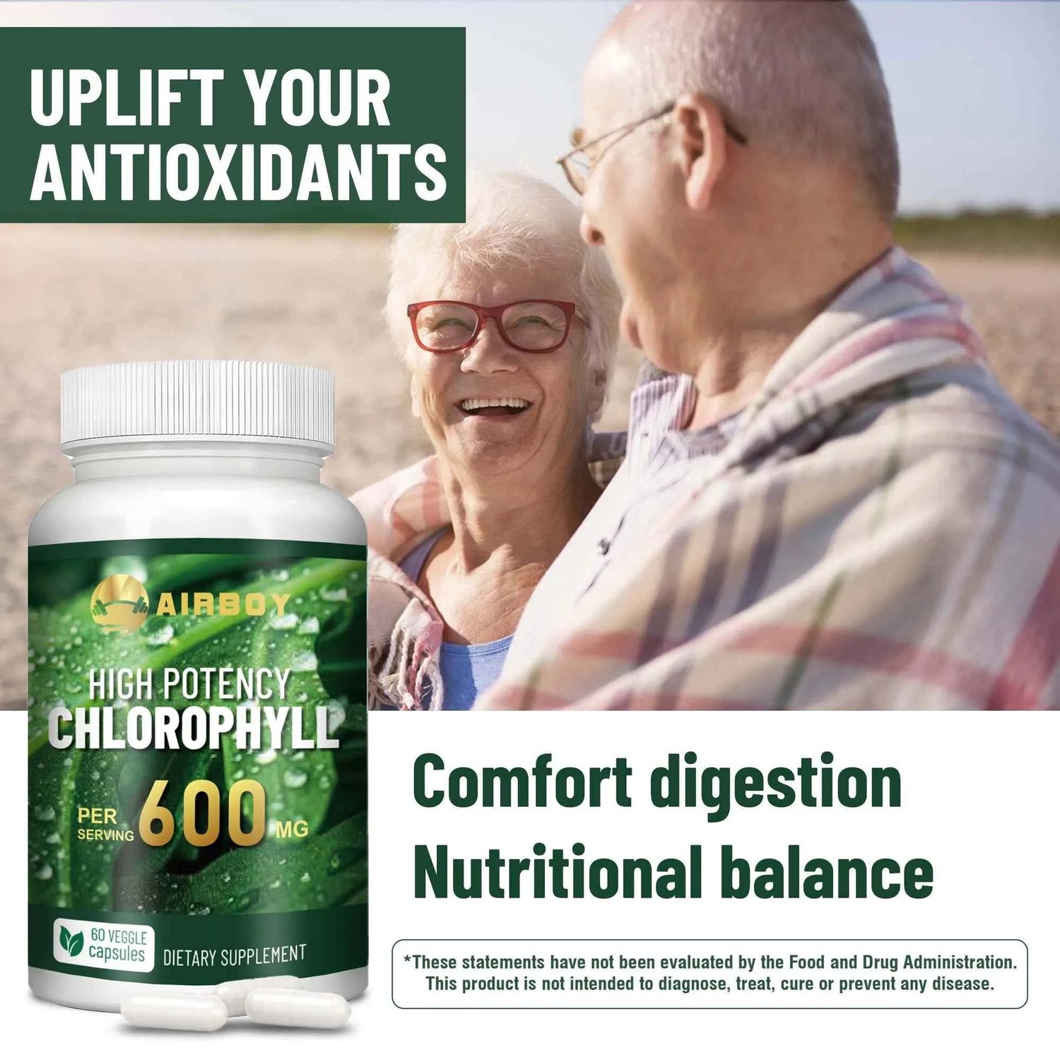 Chlorophyll Supplement 600mg - Relieves Eye Fatigue, Enhances Energy, Internal Cleanliness, Enhances Immunity - 60 Capsules