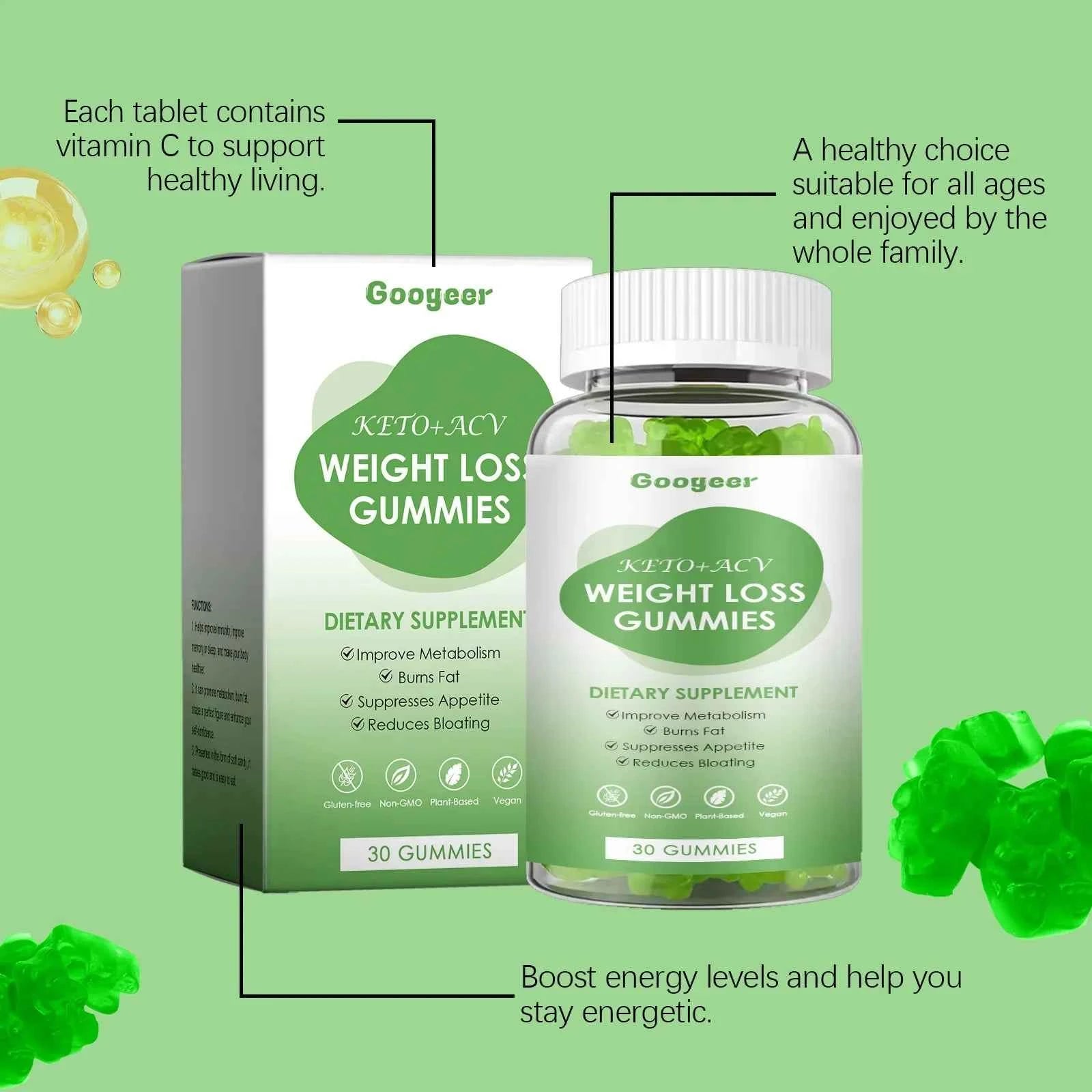 Googeer 30pcs Slimming Body Gummies Fat Burner Energy Support Dietary Supplement Fruit Flavor Anti Cellulite Weight Loss Gummies