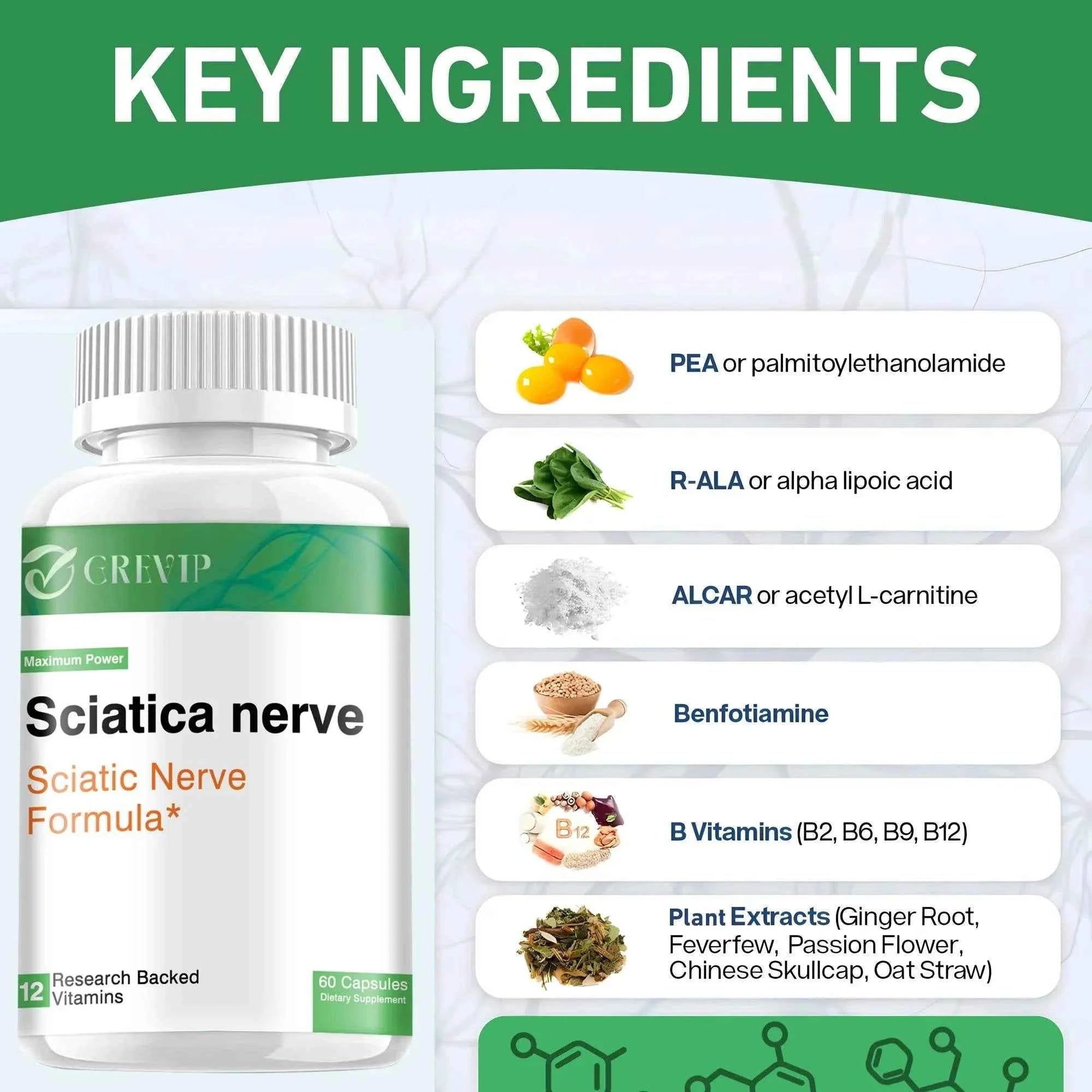 Sciatic Nerve Supplement - Nervous System and Joint Support - R-Alpha Lipoic Acid, Vitamin B Complex - 60 Capsules
