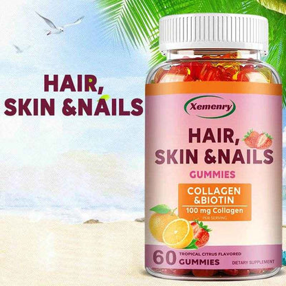 Hair, Skin &amp; Nails Vitamins - Contains Biotin, Collagen - Promotes Hair Growth, Nourishes Skin, Strengthens Nails - 60 Gummies