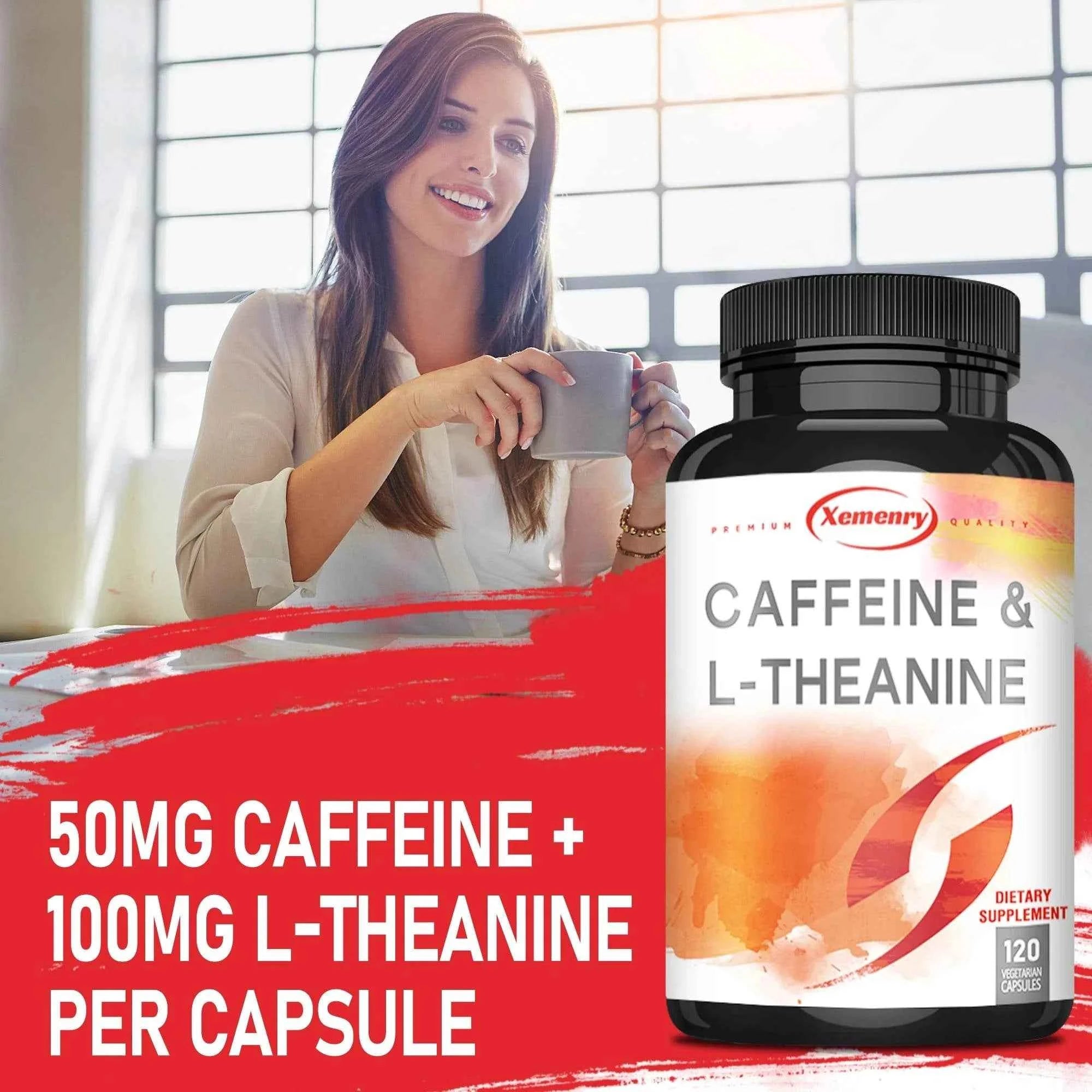 Caffeine &amp; L-theanine Capsules - Enhances Energy Levels, Focus and Concentration - 120 Capsules