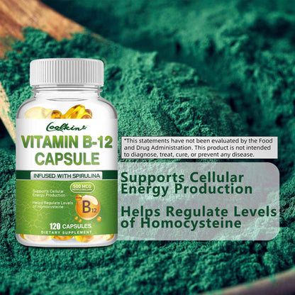 Vitamin B12 Capsules - with Organic Spirulina - Supports Energy Metabolism, Mood, Heart and Nervous System Health - 120 Capsules