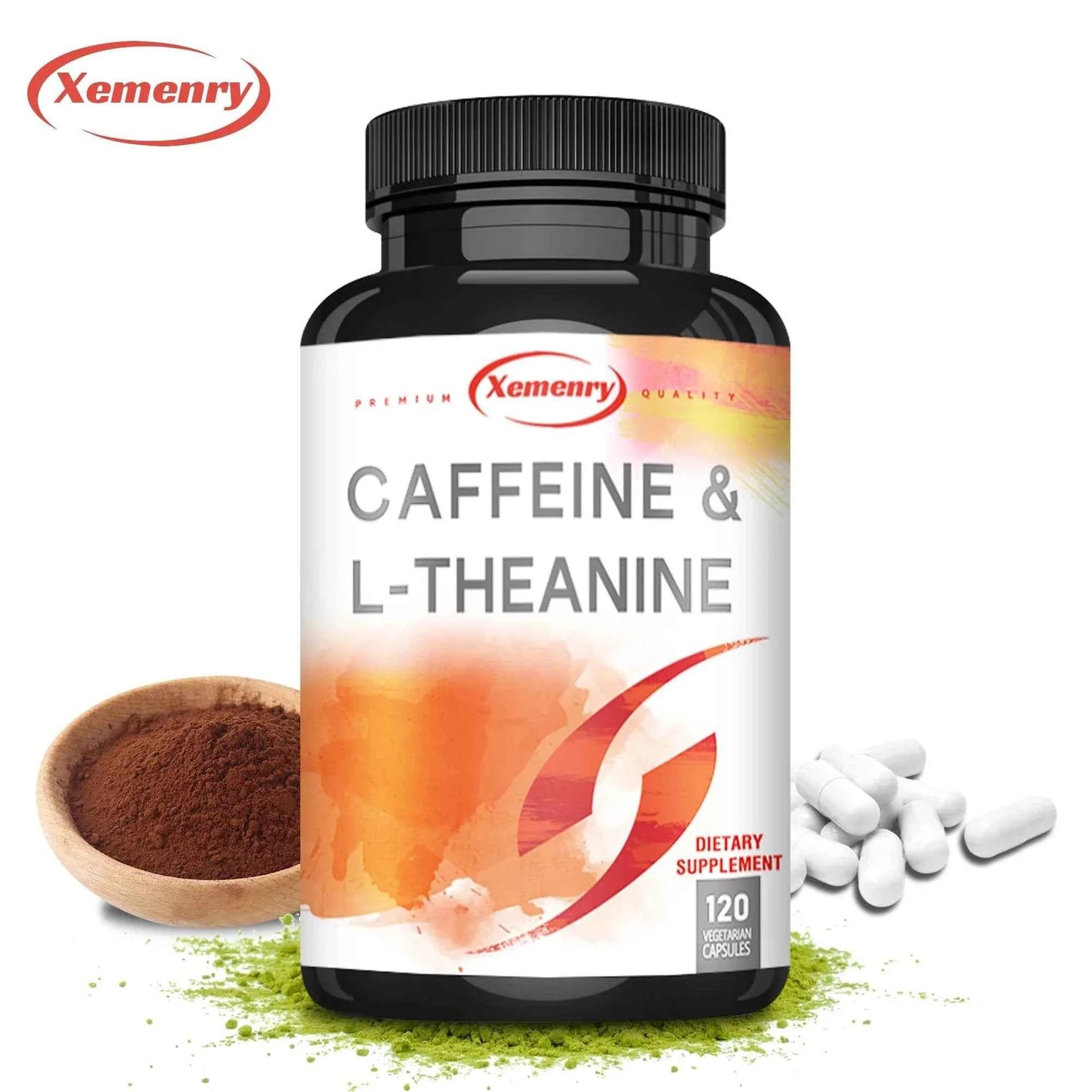 Caffeine &amp; L-theanine Capsules - Enhances Energy Levels, Focus and Concentration - 120 Capsules