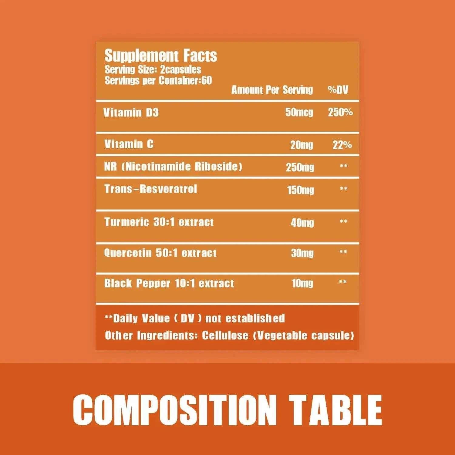 NAD + Boosting - with Trans-resveratrol, Quercetin - Enhance Cell Vitality and Help Cell Repair, Anti-aging - 120 Capsules