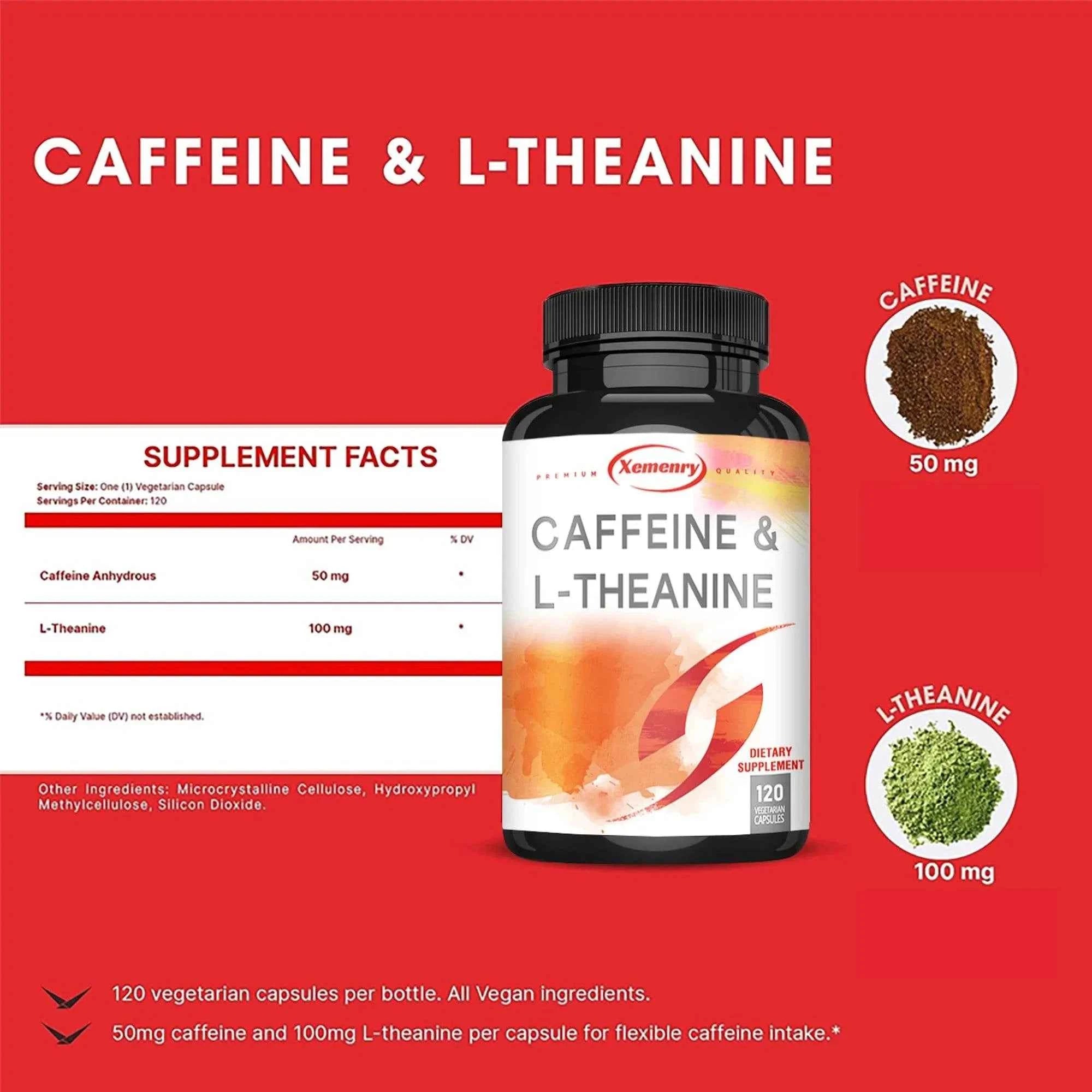 Caffeine &amp; L-theanine Capsules - Enhances Energy Levels, Focus and Concentration - 120 Capsules