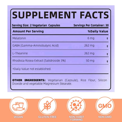 HappieVita 4 in 1 Sleep Aid for Adults, Melatonin, Rhodiola Rosea, GABA and L-Theanine Relaxation and Sleep Supplement, 60 Capsu