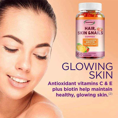 Hair, Skin &amp; Nails Vitamins - Contains Biotin, Collagen - Promotes Hair Growth, Nourishes Skin, Strengthens Nails - 60 Gummies