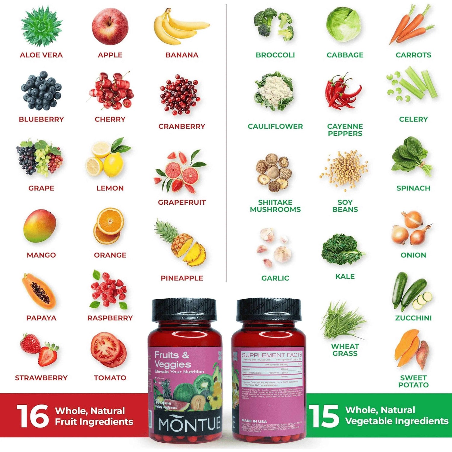 Montue Fruits and Veggies Supplement - 90 Fruit and 90 Veggie Capsules - Supports Energy Levels, Vitamins &amp; Minerals -Made in Th