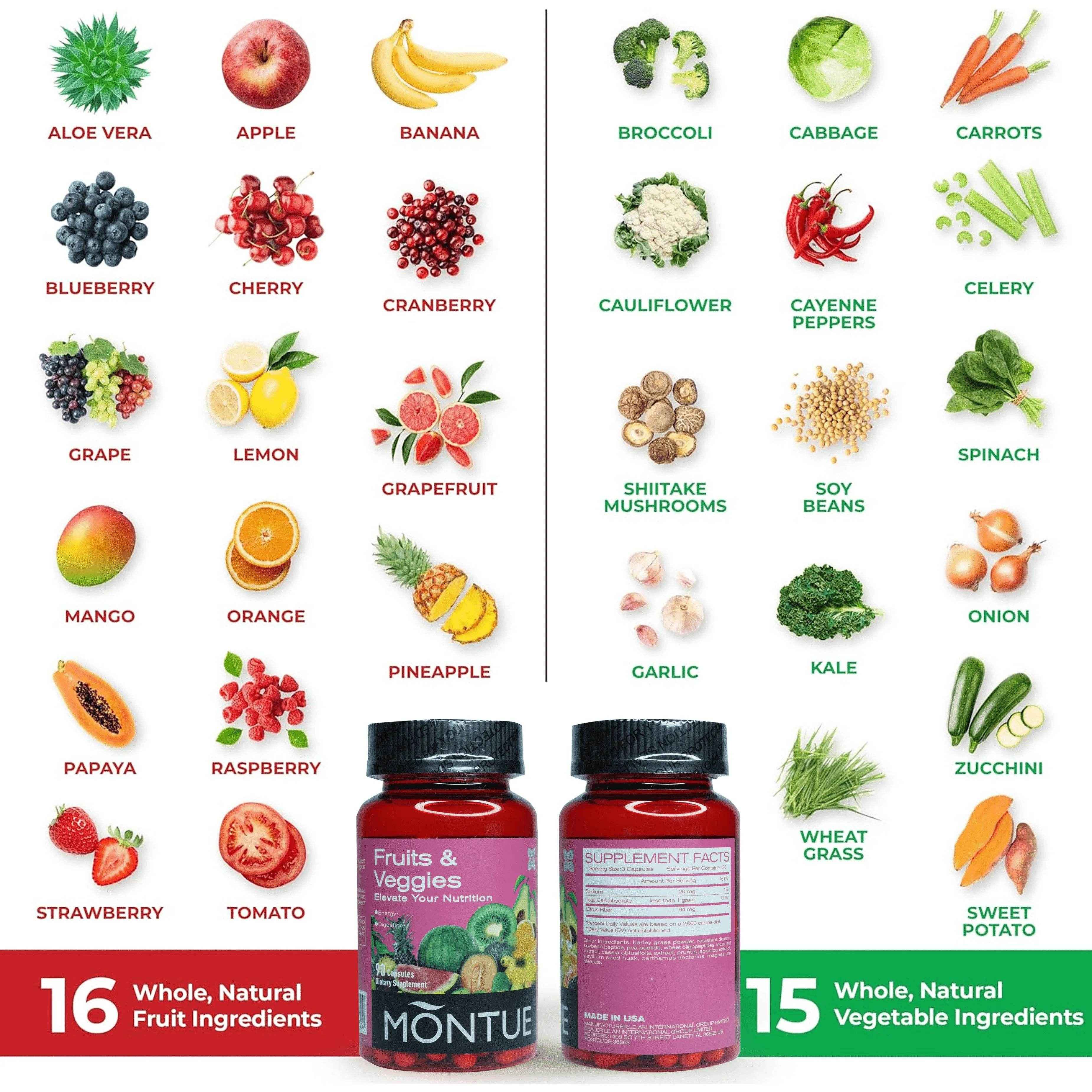 Montue Fruits and Veggies Supplement - 90 Fruit and 90 Veggie Capsules - Supports Energy Levels, Vitamins &amp; Minerals -Made in Th