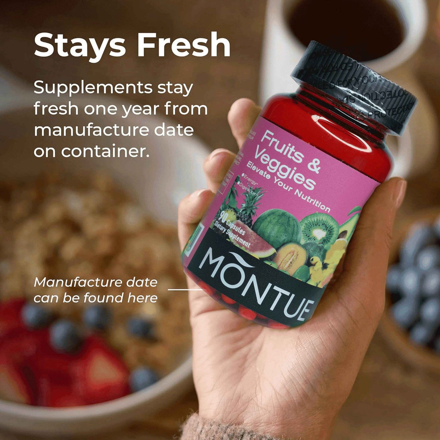 Montue Fruits and Veggies Supplement - 90 Fruit and 90 Veggie Capsules - Supports Energy Levels, Vitamins &amp; Minerals -Made in Th
