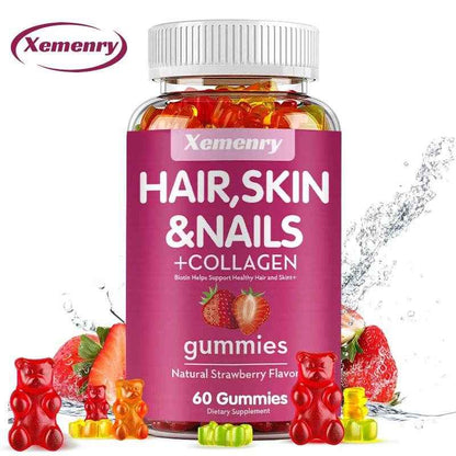 Hair, Skin &amp; Nails + Collagen Gummies - Promotes Healthy Skin, Joints, Hair, Nails, Antioxidants - 60 Gummies